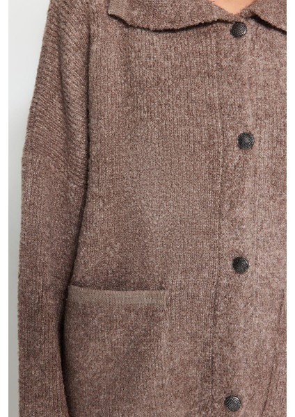 Kadın Moda Şık Regular Polo Yaka Oversize Geniş Kalıp Polo Yaka Buklet Triko Hırka