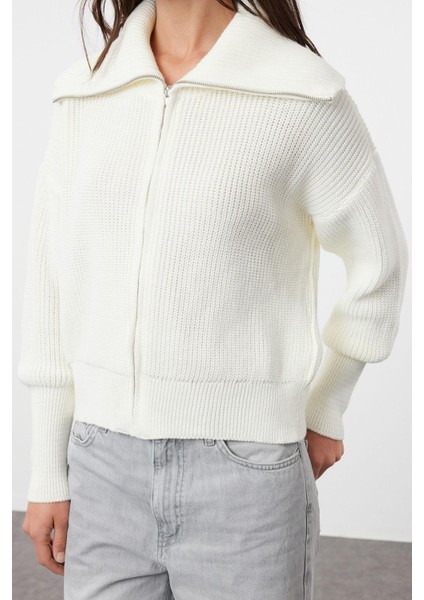 Kadın Moda Şık Regular Devrik Yaka Oversize Geniş Kalıp Devrik Yaka Fermuarlı Triko Hırka