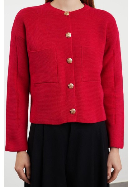 Kadın Moda Şık Regular Bisiklet Yaka Regular Düğme Detaylı Ceket Görünümlü Triko Hırka fırsatları