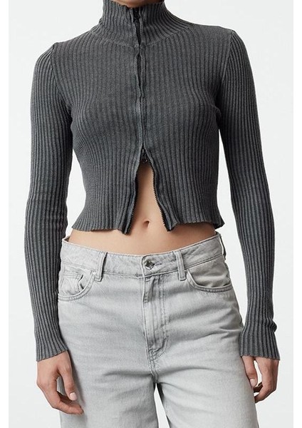 Kadın Moda Şık Crop Dik Yaka Slim Crop %100 Pamuk Yıkama Efektli Triko Hırka