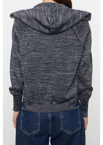 Kadın Moda Şık Regular V Yaka Oversize Premium Kalite Geniş Kalıp Simli Kapuşonlu Triko Hırka