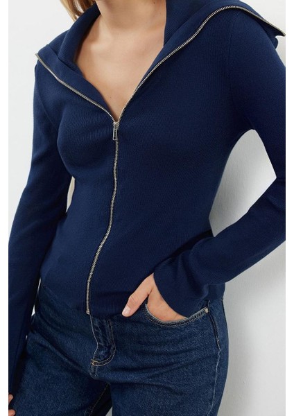 Kadın Moda Şık Regular Devrik Yaka Slim Premium Iplik Basic Triko Hırka