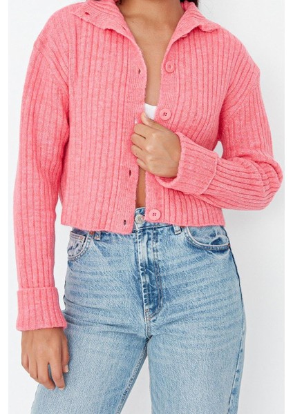 Kadın Moda Şık Crop Dik Yaka Regular Crop Yumuşak Dokulu Dik Yaka Triko Hırka