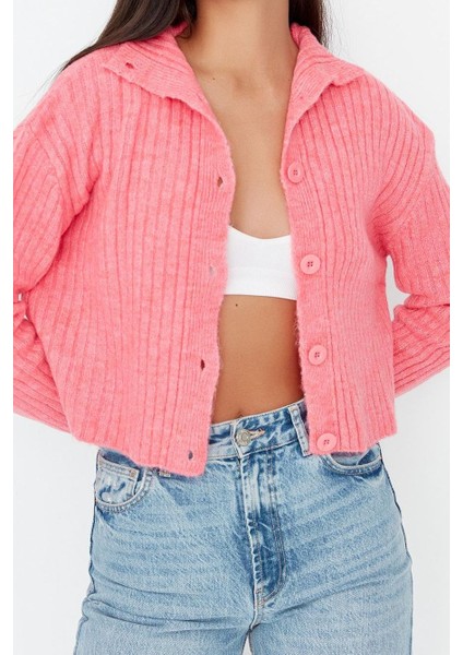 Kadın Moda Şık Crop Dik Yaka Regular Crop Yumuşak Dokulu Dik Yaka Triko Hırka