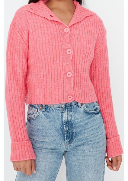 Kadın Moda Şık Crop Dik Yaka Regular Crop Yumuşak Dokulu Dik Yaka Triko Hırka