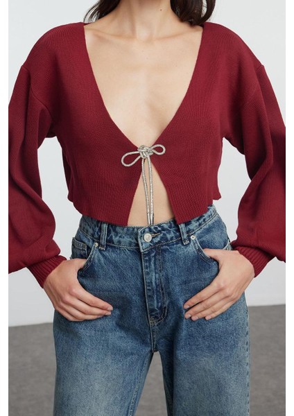 Kadın Moda Şık Crop V Yaka Regular Süper Crop Basic Fiyonklu Triko Hırka