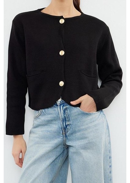 Kadın Moda Şık Regular Bisiklet Yaka Regular Ceket Görünümlütriko Hırka