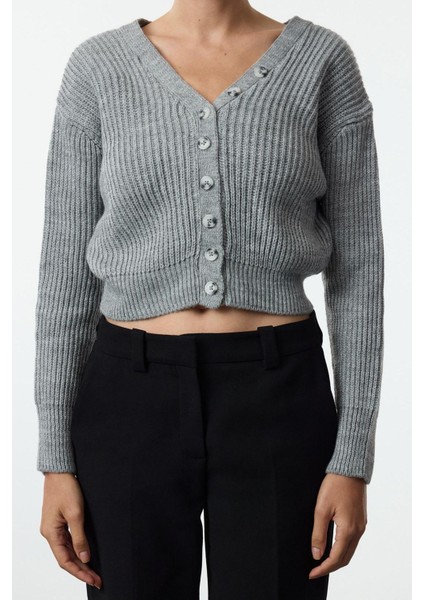 Kadın Moda Şık Crop V Yaka Regular V Yaka Crop Triko Hırka