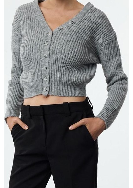 Kadın Moda Şık Crop V Yaka Regular V Yaka Crop Triko Hırka