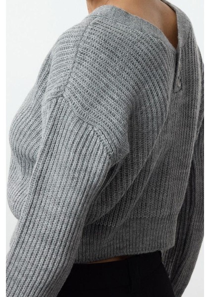 Kadın Moda Şık Crop V Yaka Regular V Yaka Crop Triko Hırka
