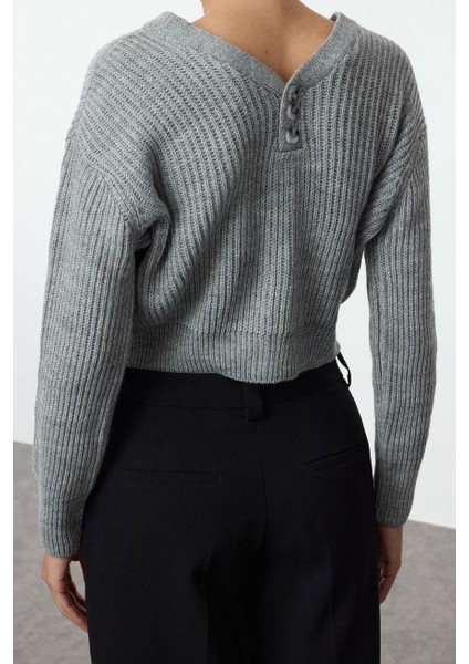 Kadın Moda Şık Crop V Yaka Regular V Yaka Crop Triko Hırka