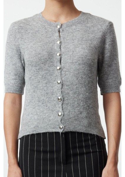 Kadın Moda Şık Crop Bisiklet Yaka Regular Crop Pamuklu Yünlü Triko Hırka