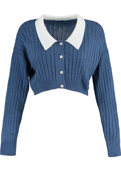 Kadın Moda Şık Crop Bebe Yaka Regular Süper Crop Gömlek Yaka Garnili Triko Hırka