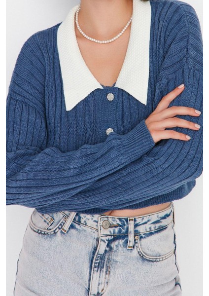 Kadın Moda Şık Crop Bebe Yaka Regular Süper Crop Gömlek Yaka Garnili Triko Hırka