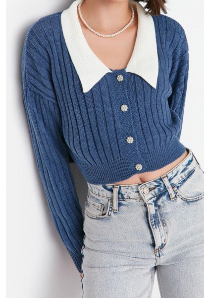 Kadın Moda Şık Crop Bebe Yaka Regular Süper Crop Gömlek Yaka Garnili Triko Hırka