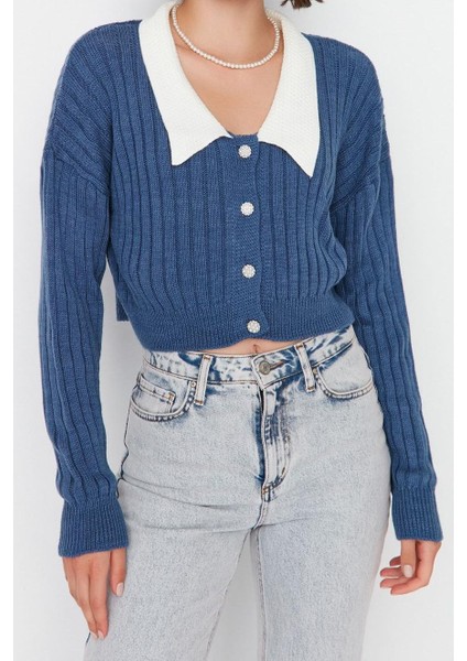 Kadın Moda Şık Crop Bebe Yaka Regular Süper Crop Gömlek Yaka Garnili Triko Hırka
