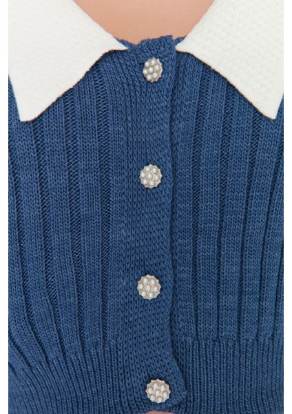 Kadın Moda Şık Crop Bebe Yaka Regular Süper Crop Gömlek Yaka Garnili Triko Hırka