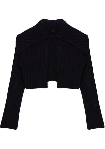 Kadın Moda Şık Crop Devrik Yaka Regular Süper Crop Yumuşak Dokulu Triko Hırka