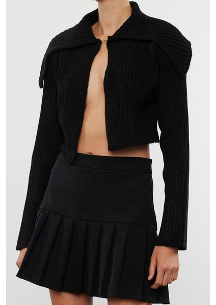 Kadın Moda Şık Crop Devrik Yaka Regular Süper Crop Yumuşak Dokulu Triko Hırka