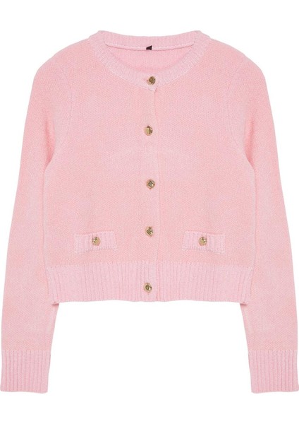 Kadın Moda Şık Crop Bisiklet Yaka Regular Crop Premium Iplik Cep Detaylı Ceket Görünümlü Triko Hırka