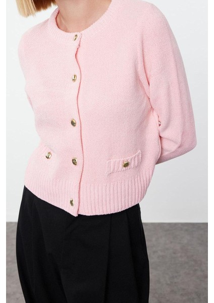 Kadın Moda Şık Crop Bisiklet Yaka Regular Crop Premium Iplik Cep Detaylı Ceket Görünümlü Triko Hırka
