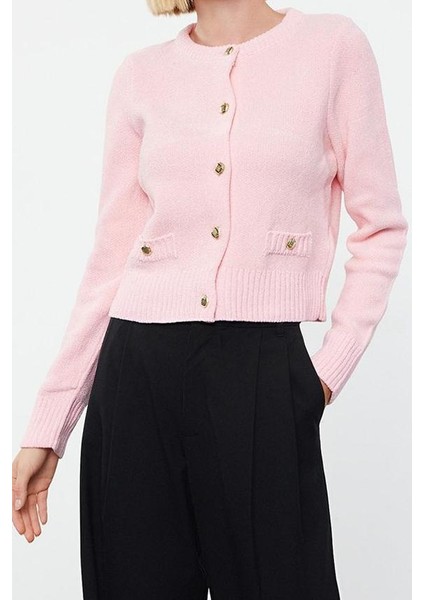 Kadın Moda Şık Crop Bisiklet Yaka Regular Crop Premium Iplik Cep Detaylı Ceket Görünümlü Triko Hırka