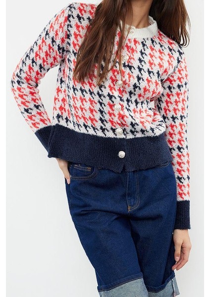 Kadın Moda Şık Regular Bisiklet Yaka Regular Buklet Iplikli Desenli Ceket Görünümlü Triko Hırka
