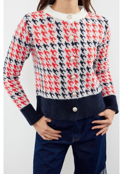Kadın Moda Şık Regular Bisiklet Yaka Regular Buklet Iplikli Desenli Ceket Görünümlü Triko Hırka