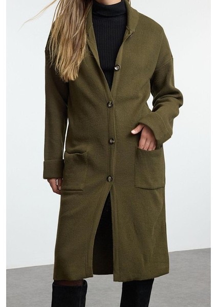 Kadın Moda Maxi Devrik Yaka Oversize Maxi Boy Kaban Görünümlü Geniş Kalıp Triko Hırka modelleri