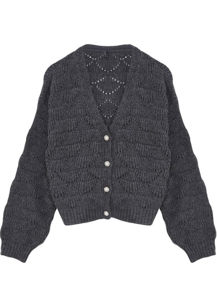Kadın Moda Şık Regular V Yaka Regular Ajurlu Delikli V Yaka Triko Hırka