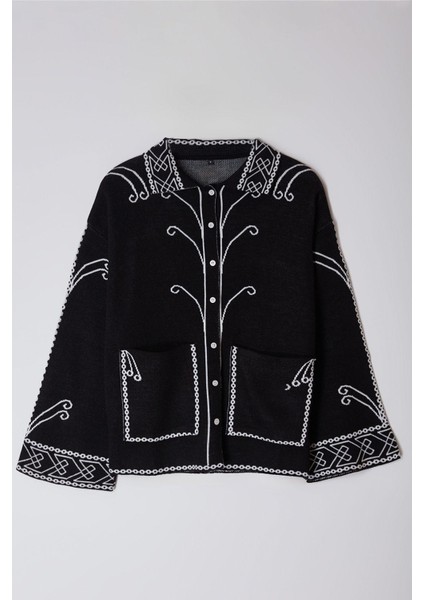 Kadın Moda Şık Regular Polo Yaka Regular Etnik Desenli Triko Hırka