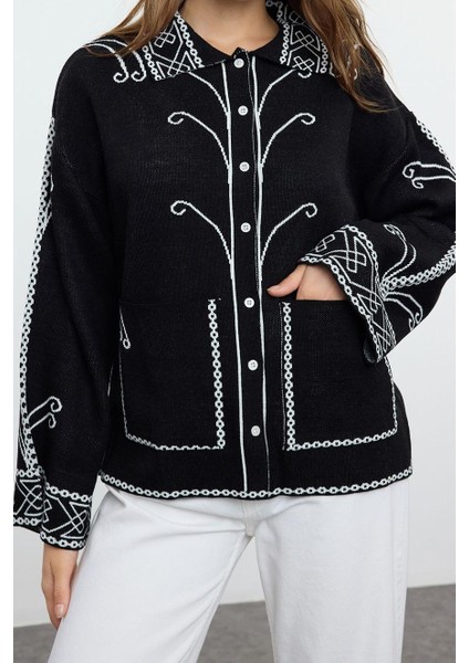 Kadın Moda Şık Regular Polo Yaka Regular Etnik Desenli Triko Hırka modelleri