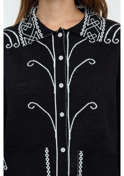 Kadın Moda Şık Regular Polo Yaka Regular Etnik Desenli Triko Hırka fırsatları