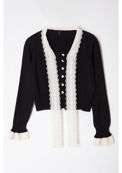 Kadın Moda Şık Crop Bisiklet Yaka Slim Crop Garnili Kurdele Fiyonk Detaylı Triko Hırka
