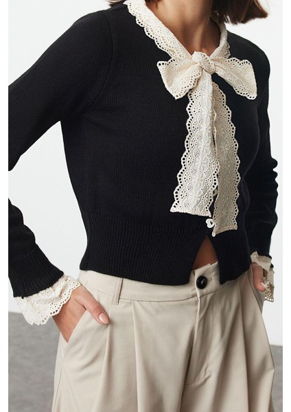 Kadın Moda Şık Crop Bisiklet Yaka Slim Crop Garnili Kurdele Fiyonk Detaylı Triko Hırka fiyatları