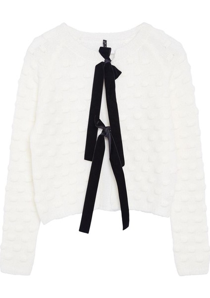 Kadın Moda Şık Crop Bisiklet Yaka Regular Crop Yumuşak Dokulu Kurdele Fiyonk Detaylı Triko Hırka