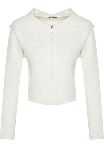 Kadın Moda Şık Crop Kapüşonlu Regular Crop Kapüşonlu Buklet Triko Hırka