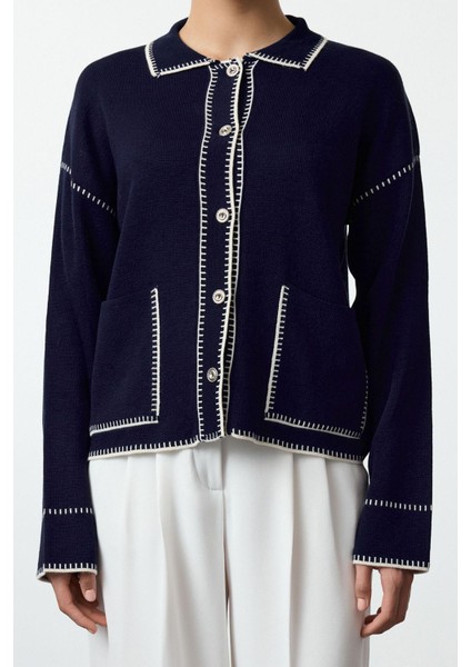 Kadın Moda Şık Regular Polo Yaka Regular Renk Bloklu Polo Yaka Triko Hırka