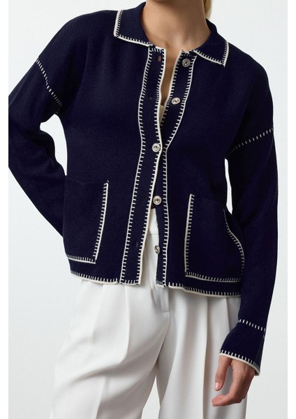 Kadın Moda Şık Regular Polo Yaka Regular Renk Bloklu Polo Yaka Triko Hırka