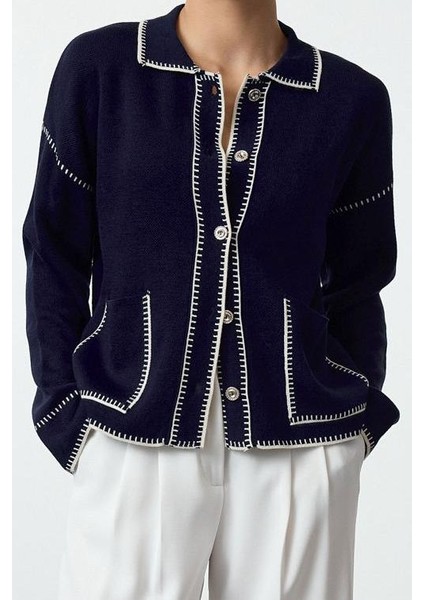 Kadın Moda Şık Regular Polo Yaka Regular Renk Bloklu Polo Yaka Triko Hırka