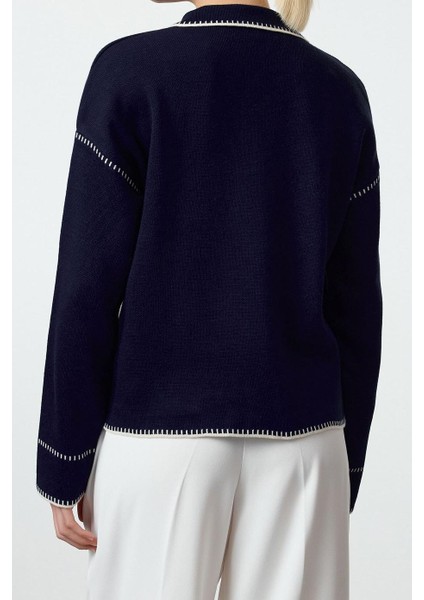 Kadın Moda Şık Regular Polo Yaka Regular Renk Bloklu Polo Yaka Triko Hırka