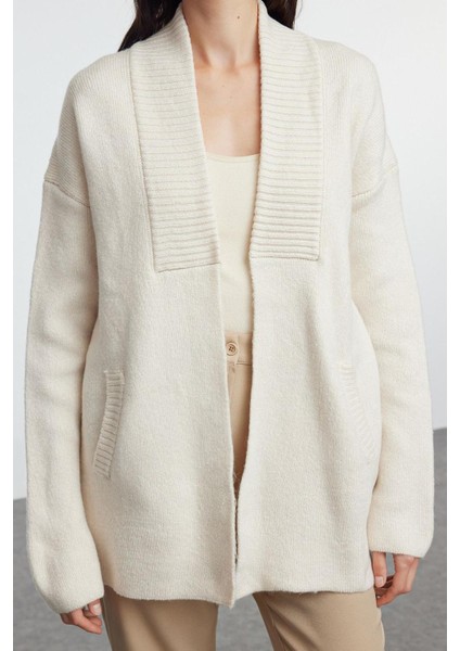 Kadın Moda Şık Midi Şal Yaka Oversize Geniş Kalıp Yumuşak Dokulu Triko Hırka