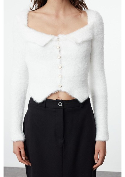 Kadın Moda Şık Crop Havuz Yaka Slim Crop Tüylü Triko Hırka