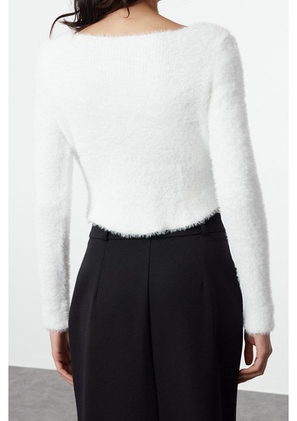 Kadın Moda Şık Crop Havuz Yaka Slim Crop Tüylü Triko Hırka indirimleri