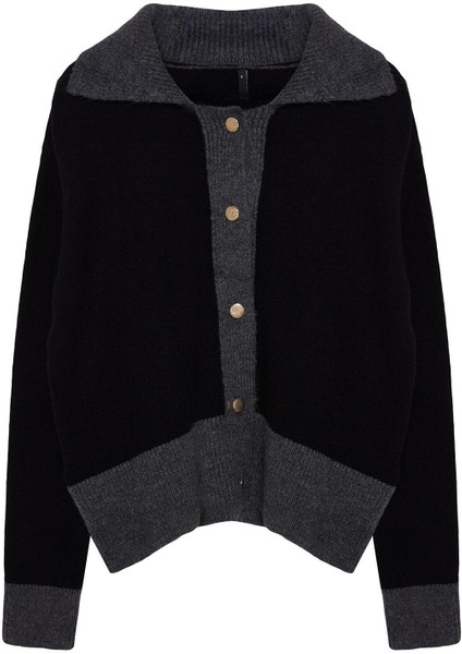 Kadın Moda Şık Regular Polo Yaka Slim Yumuşak Dokulu Renk Bloklu Triko Hırka