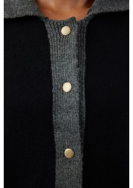 Kadın Moda Şık Regular Polo Yaka Slim Yumuşak Dokulu Renk Bloklu Triko Hırka indirimleri