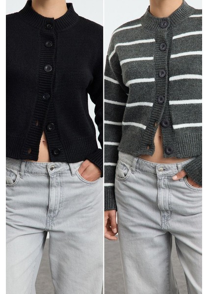 Kadın Moda Şık Regular Bisiklet Yaka Regular Yumuşak Dokulu 2li Paket Triko Hırka