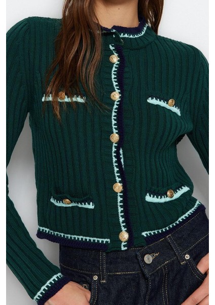 Kadın Moda Şık Crop Bisiklet Yaka Regular Crop Renk Bloklu Ceket Görünümlü Triko Hırka modelleri