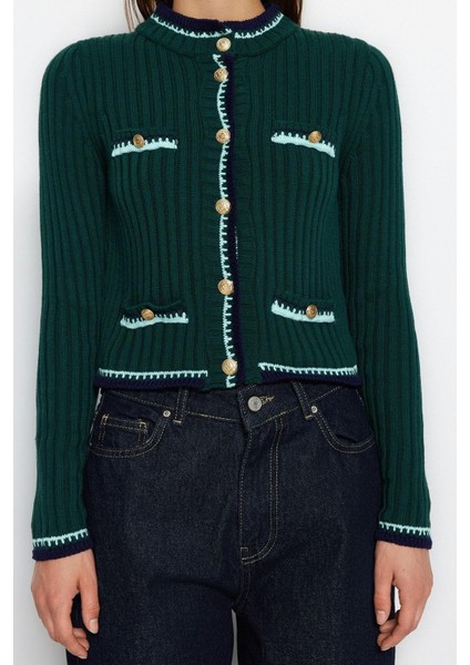 Kadın Moda Şık Crop Bisiklet Yaka Regular Crop Renk Bloklu Ceket Görünümlü Triko Hırka fırsatları