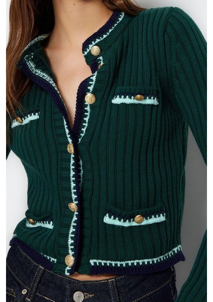 Kadın Moda Şık Crop Bisiklet Yaka Regular Crop Renk Bloklu Ceket Görünümlü Triko Hırka indirimleri